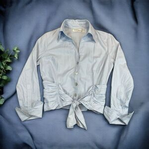 Farinaz Taghavi Blue Ruched Front Button Tie Blouse Women’s Size 4 Quiet Luxury